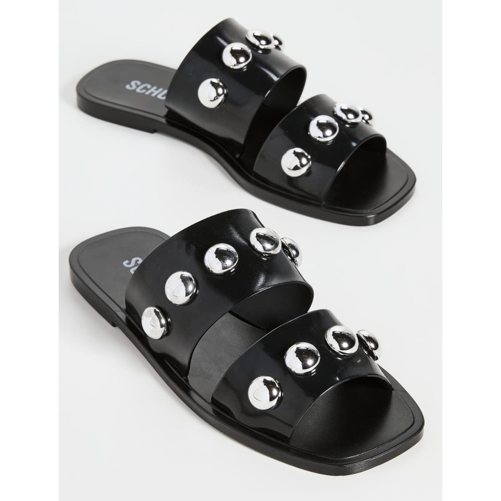 Schutz Women's Lizzie Slip On Rubber Sandals Black w/Silver Studs NIB -‎ Size 8